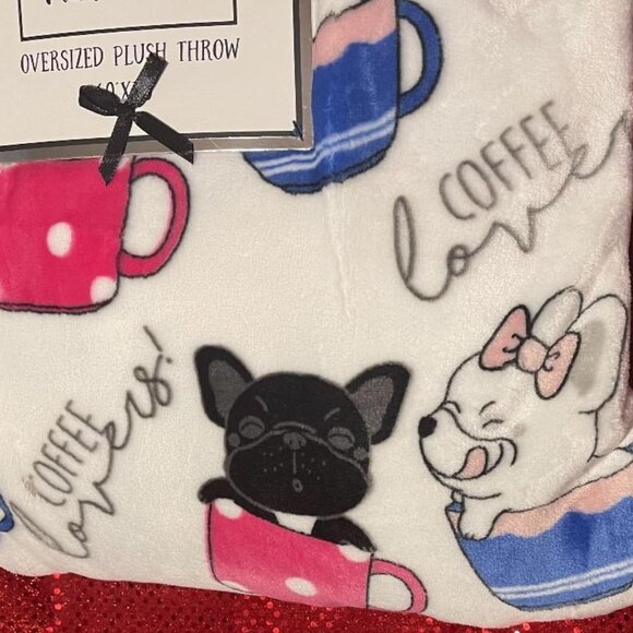 NWT FRENCH BULLDOG FRENCHIE OVERSIZED 60" X 70" PLUSH THROW BLANKET COFFEE LOVER - Picture 2 of 8